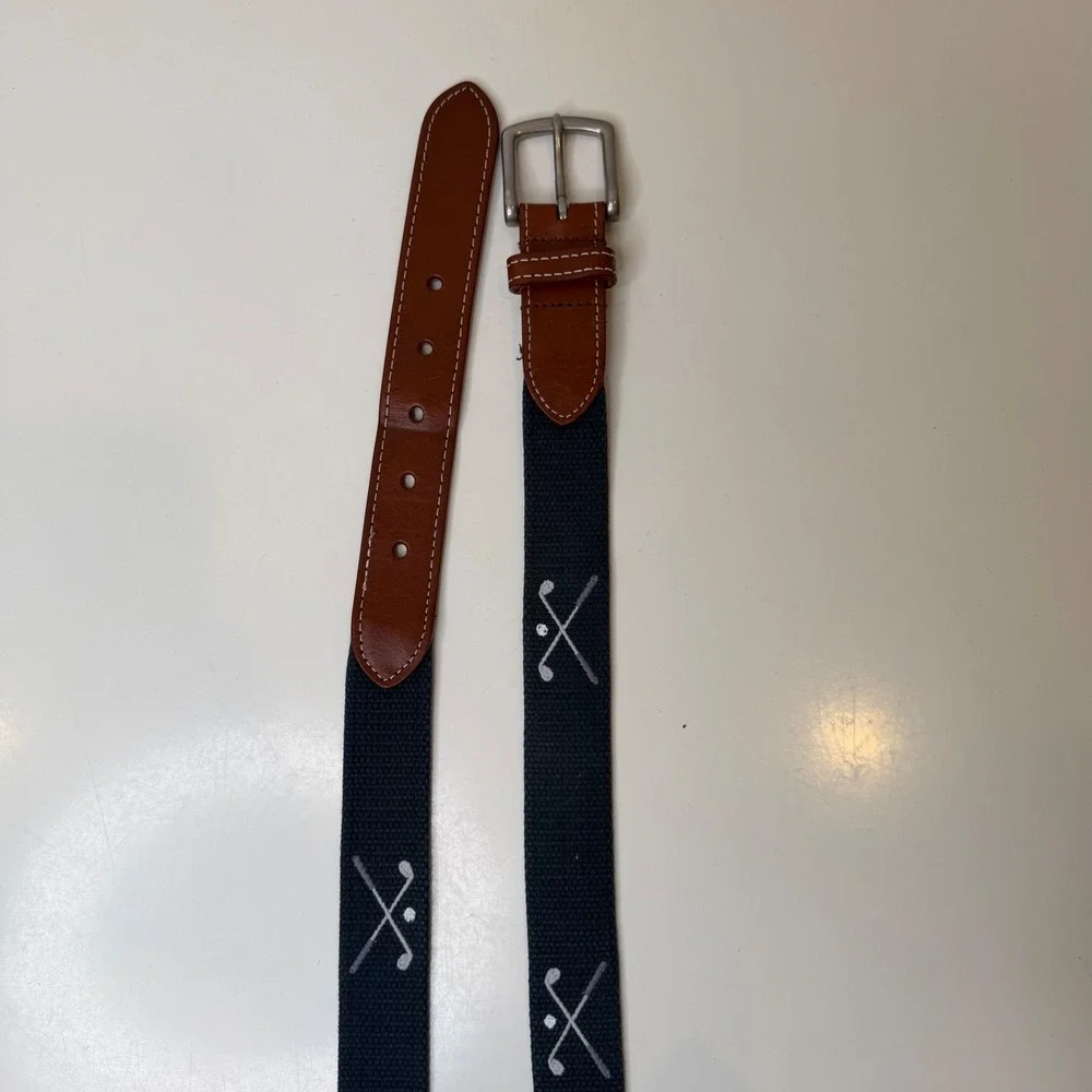 JT Spencer Belt Mens Navy Blue Leather Needlepoint Golf Clubs Preppy 40